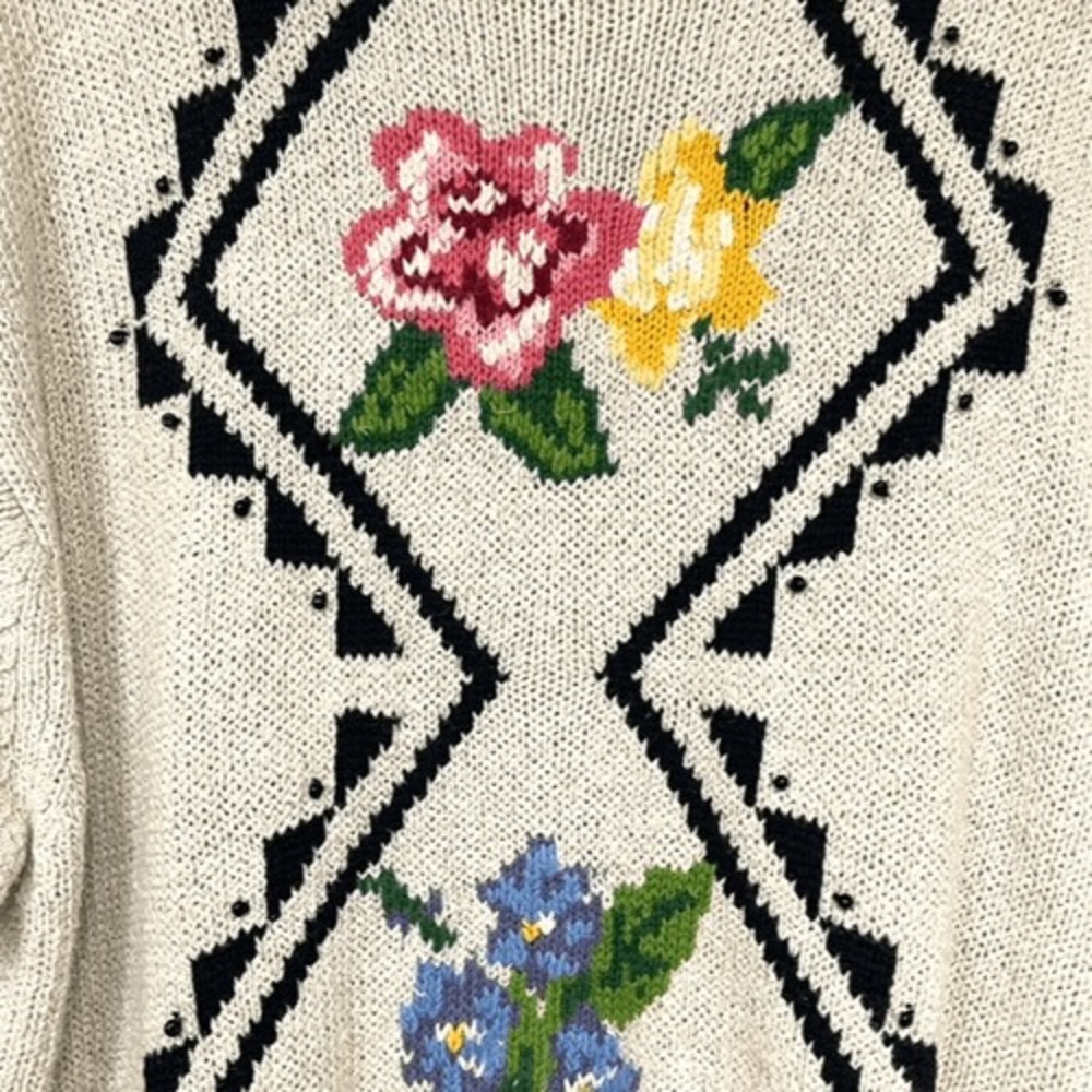 Vintage 90s LIZ WEAR Sweater Medium Multicolor Pullover Floral Linen Blend Knit - Picture 4 of 10